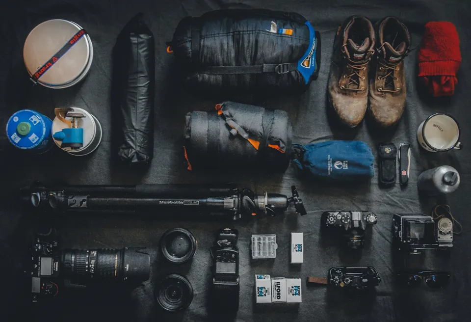 Assorted cameras and bags