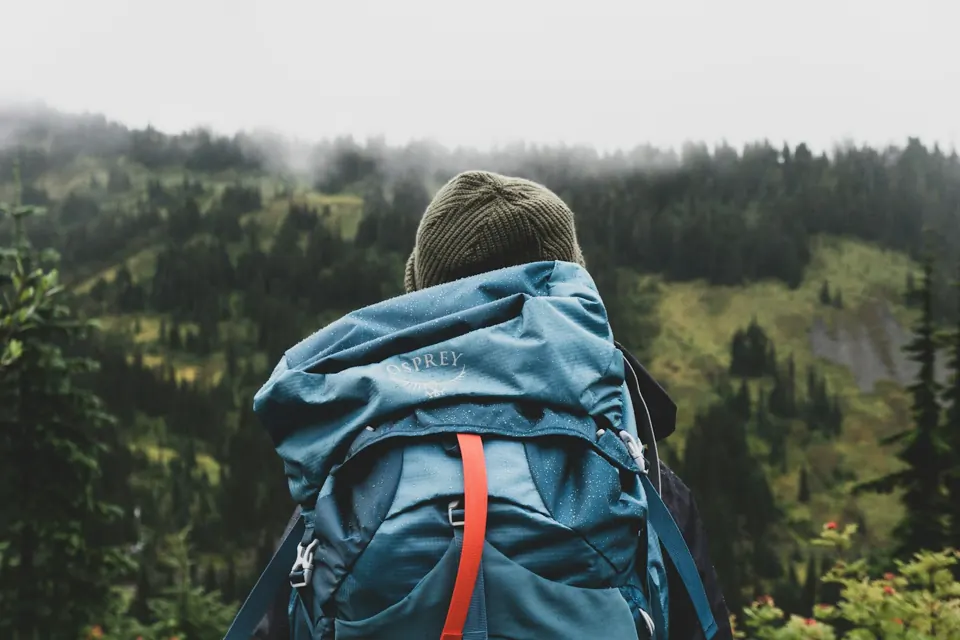 Person wearing teal backpack looking at mountain