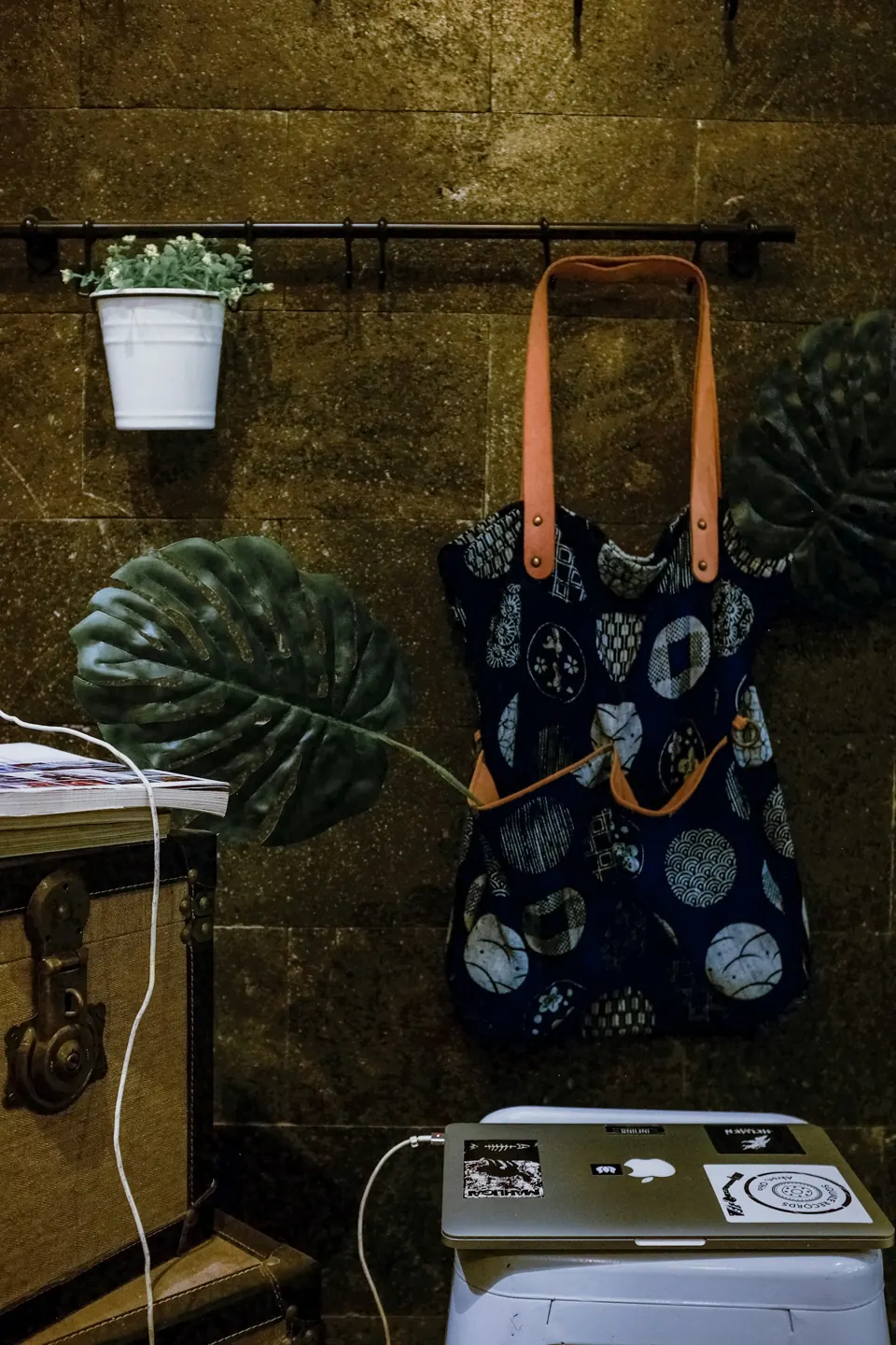 Black and white floral tote bag