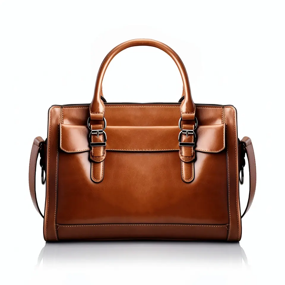 A brown leather handbag on a white background