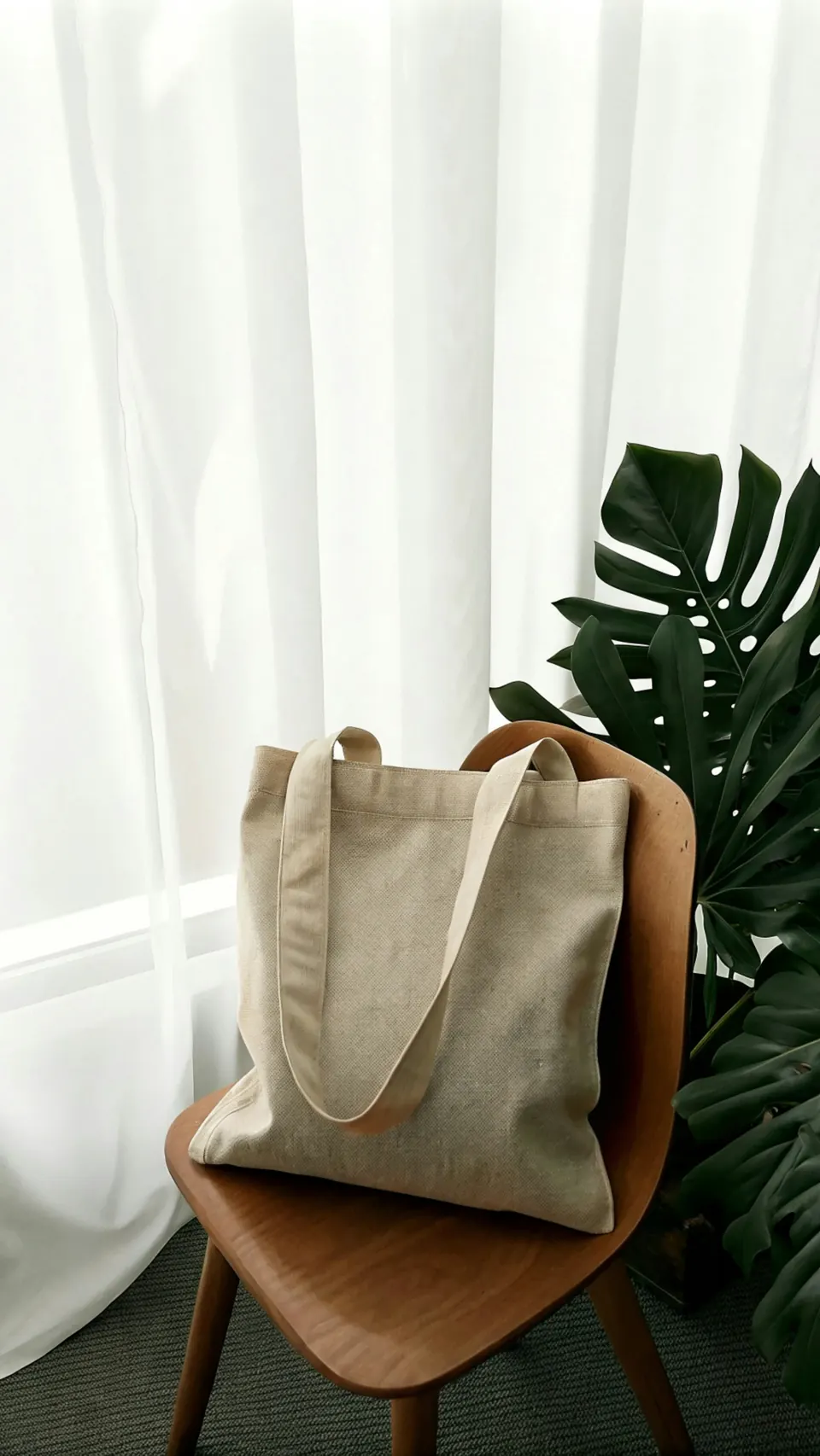 A bag on a chair next to a plant