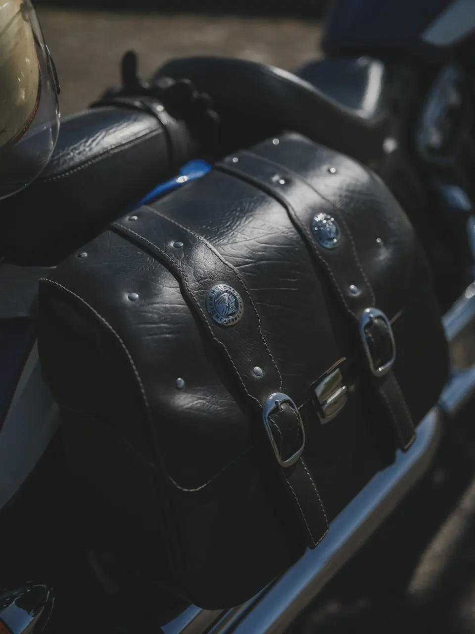 Black leather saddlebag on a motorcycle