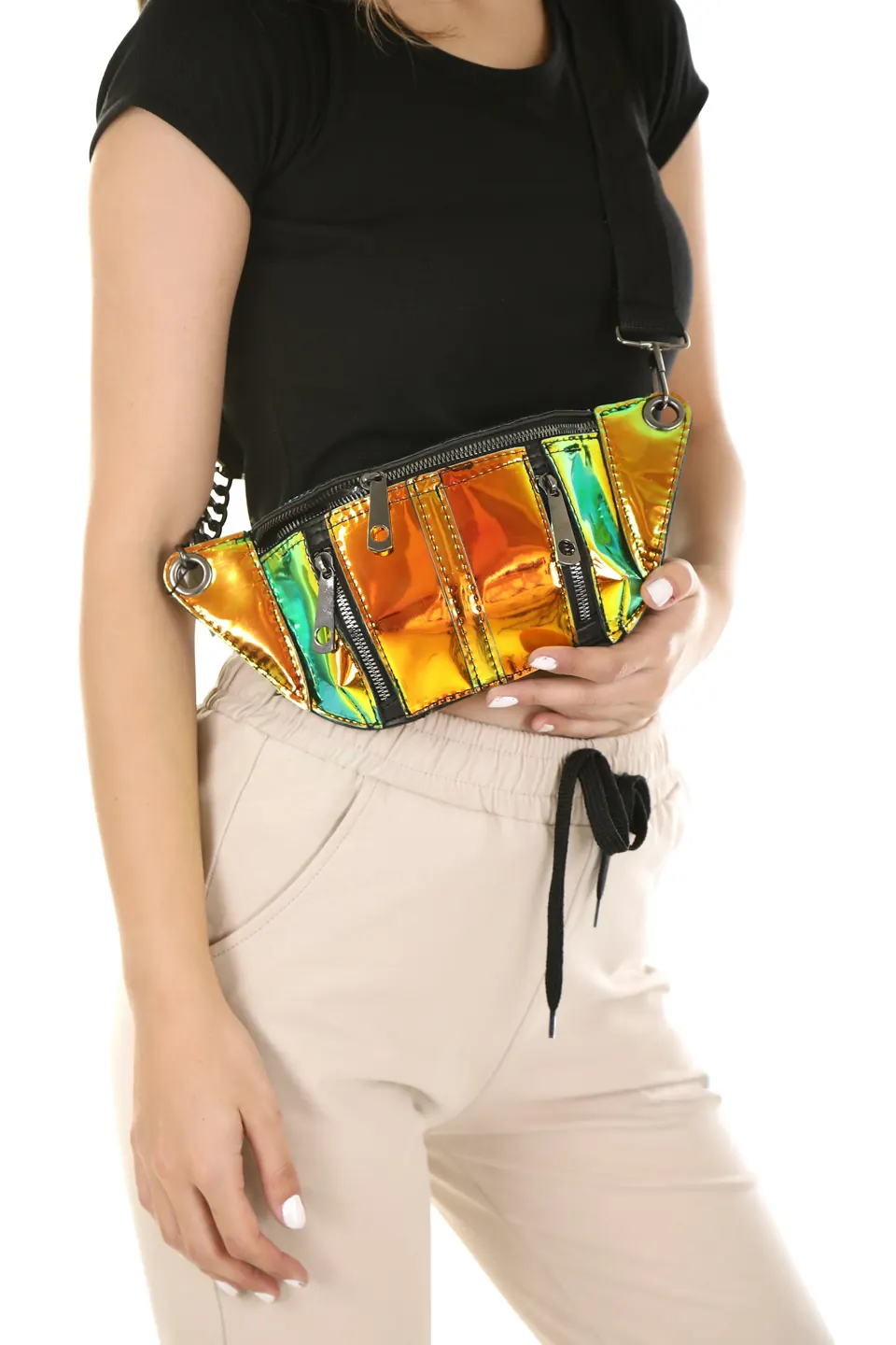 Person wearing an orange waist bag